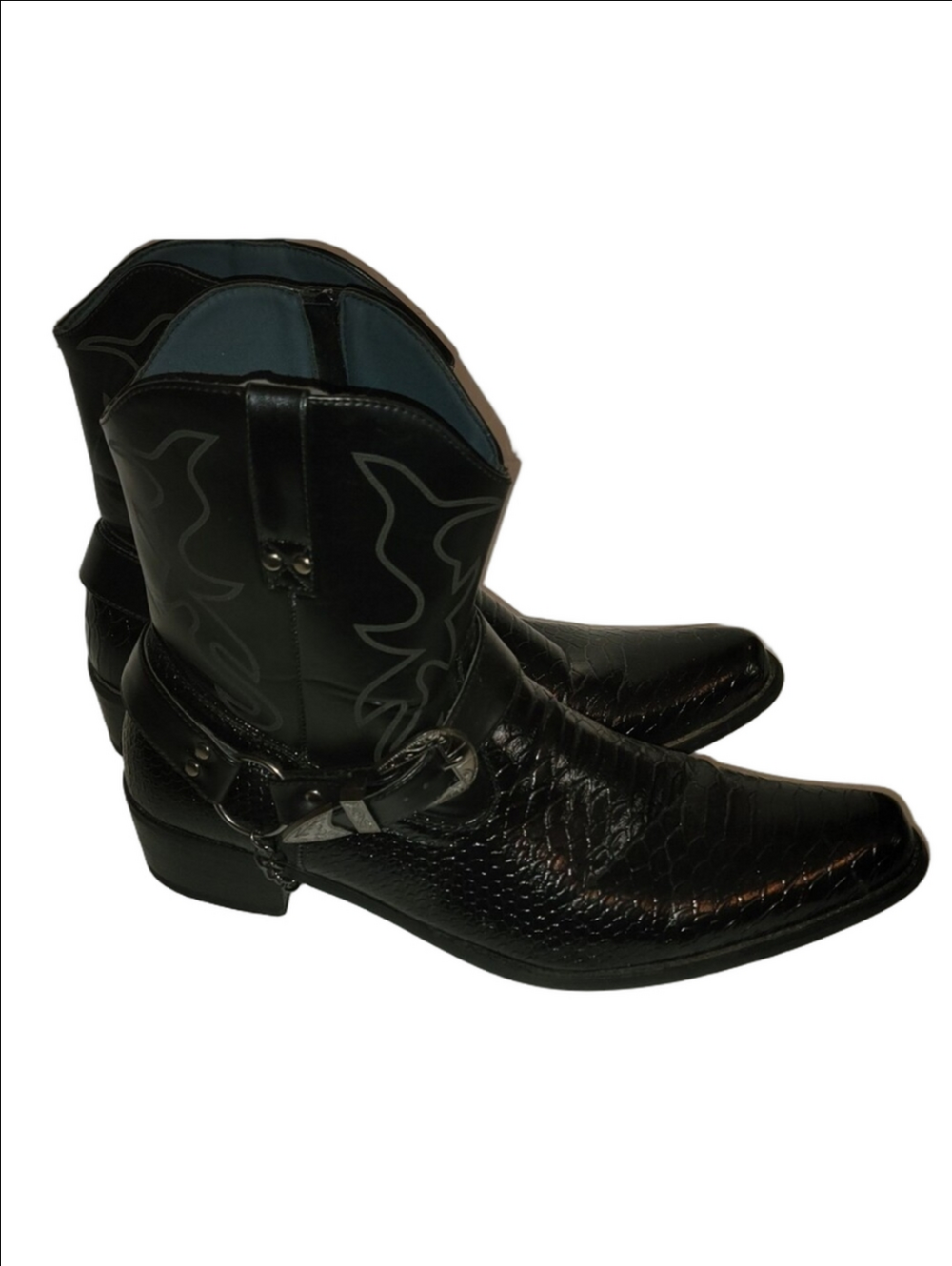 ALBERTO FELLINI Black Western Croc Embossed Vegan Leather Harness Boot - Men 13